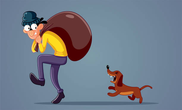 Stressed Robber Followed by Watch Dog Vector Cartoon Illustration Scared robber running away from a security dog cartoon burglar stock illustrations