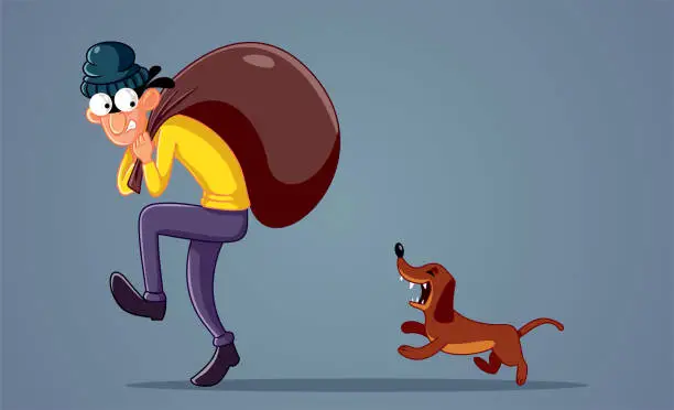 Vector illustration of Stressed Robber Followed by Watch Dog Vector Cartoon Illustration