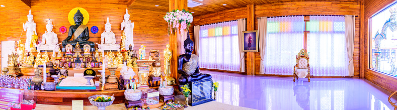 NAN, THAILAND - November 4, 2020 : Panorama View of Black Buddha Statue in Si Mongkol Temple, Nan Province.