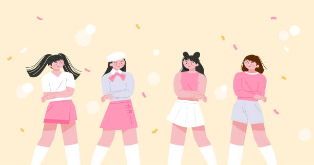 ilustraciones, imágenes clip art, dibujos animados e iconos de stock de las integrantes del grupo idol de chicas posan con los brazos cruzados. - k pop