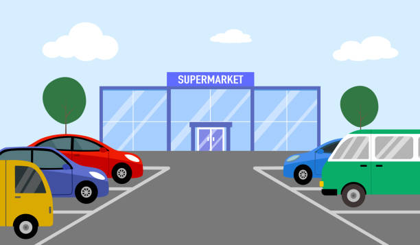 Parking lot in supermarket in flat design vector illustration. vector art illustration