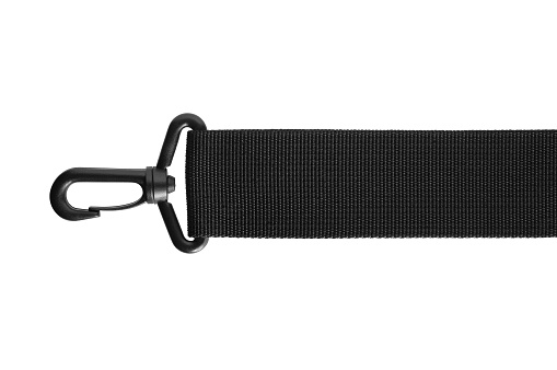 Black belt rope strap lanyard, hanging plastic clasp snap latch hook carabiner, isolated macro closeup, large detailed horizontal, white background