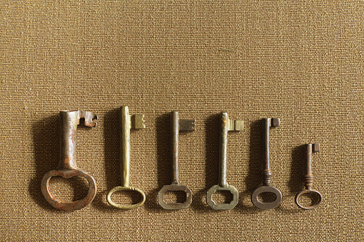 Various size and shape keys lined up in a row on a canvas background.