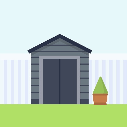 Grey wooden enclosed shed on green grass, white fence. Garden lodge. Element of the backyard, garden. Vector illustration in flat style.
