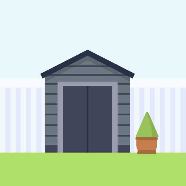 Shed Grey wooden enclosed shed on green grass, white fence. Garden lodge. Element of the backyard, garden. Vector illustration in flat style. outdoor shed stock illustrations