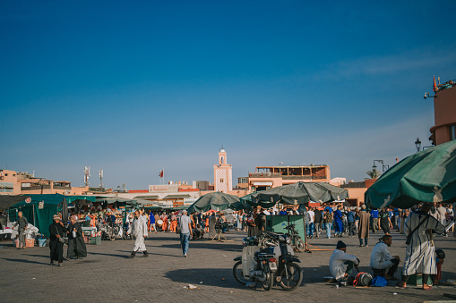 Djemaa El Fna Square with Koutoubia Mosque,  Marrakech , Morocco on November 15th year 2022