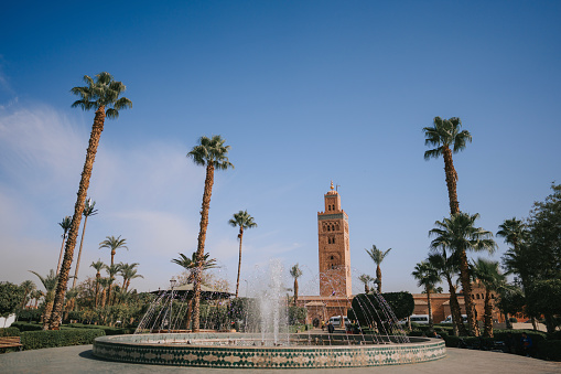 Fountain in front of Koutoubia mosque with clear sky, Marrakesh, Morocco