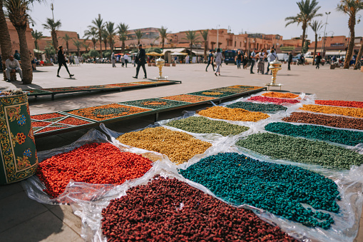 Colourful dried flowers on a market in a bazaar in Marrakech, Morocco, North Africa