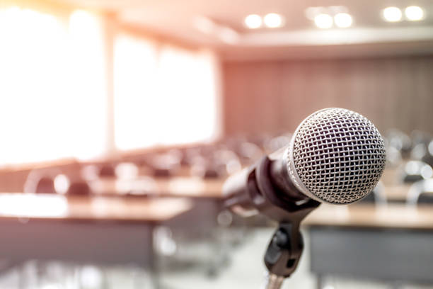istock Microphone of speech in seminar room with copy space 1452435249