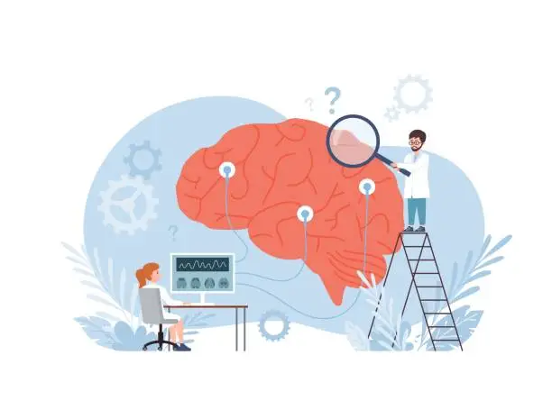 Vector illustration of Neurologists neuroscientists study brain, flat vector illustration isolated.