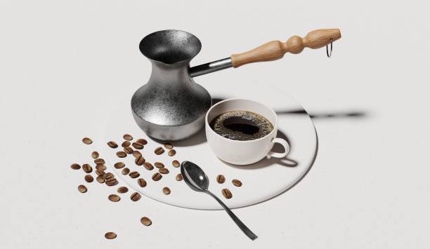 Fresh black coffee in a mug poured from an old coffee pot. Coffee beans on the table, a fragrant drink. 3d render
