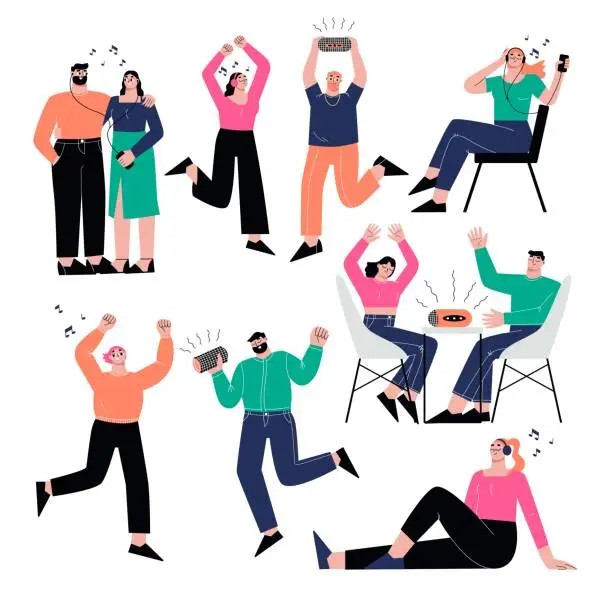 Vector illustration of People listen sound, radio webinar and podcast in headphones. Listening audio music in smartphone and dancing. Flat sapid vector positive characters