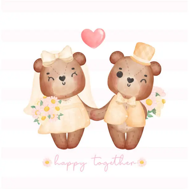 Vector illustration of cute two couple brown teddy bears in wedding groom and bride holding hand,  Valentine cartoon watercolour character hand drawing illustration vector