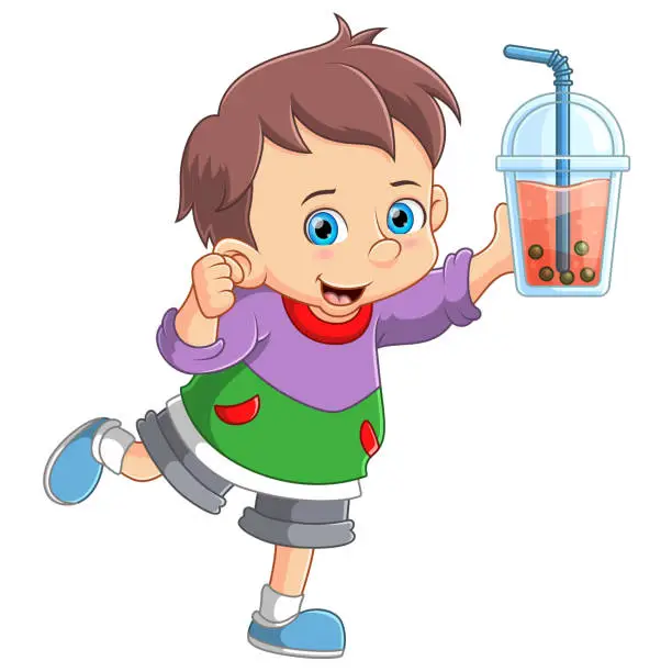 Vector illustration of Cartoon little boy drink bubble milk tea