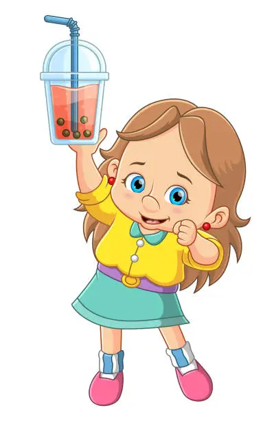 Vector illustration of Cute kid girl holding bubble milk tea