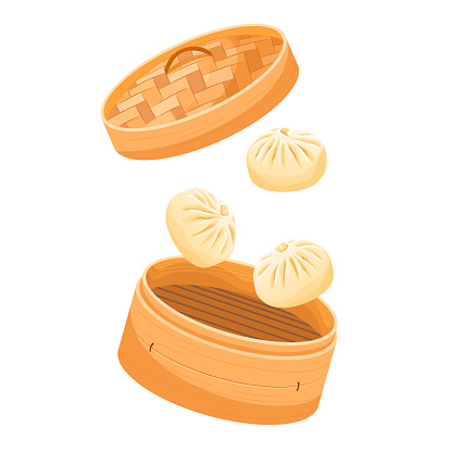 Dim sum, traditional Chinese dumplings Falling Bamboo Steamer. Dragon Boat Festival Concept or lunar new year. Vector illustration