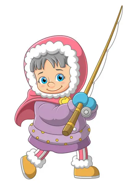 Vector illustration of Young girl teen dressed in winter warm clothes and holding fishing stick