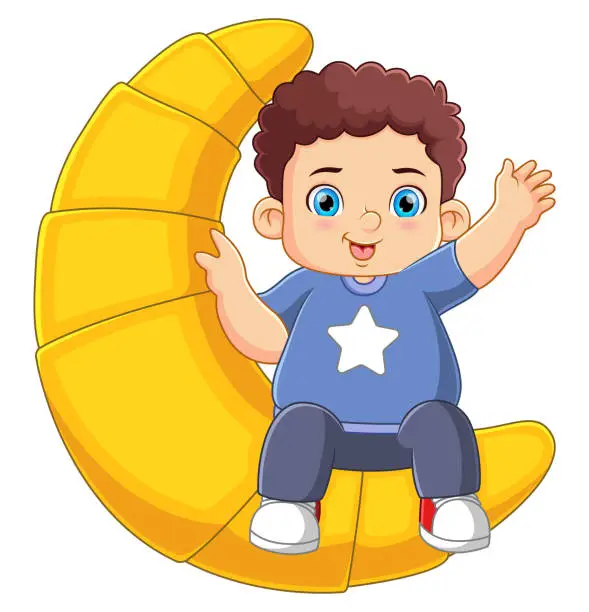 Vector illustration of A cute boy sitting a big croissant