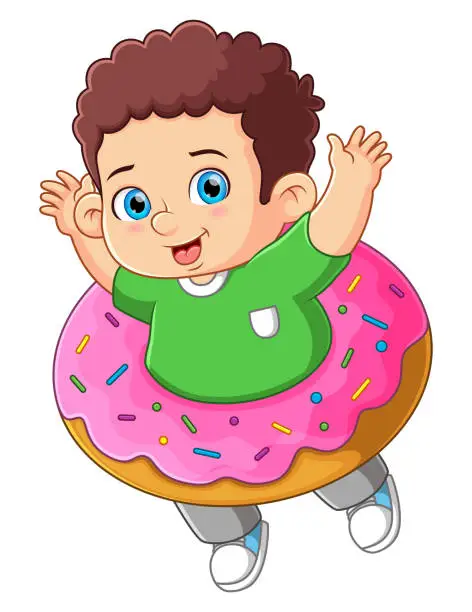 Vector illustration of A cute boy playing with a big strawberry donut toy