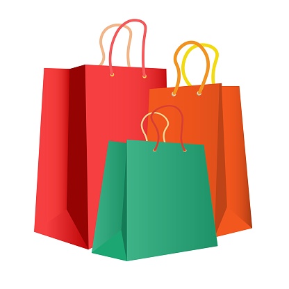 Isolated vector illustration of orange, red and green three paper shopping bag, for icon of retail, promo, flash sale, discount product.