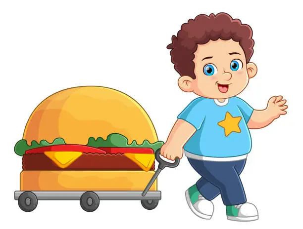 Vector illustration of A cute boy pulling a big burger