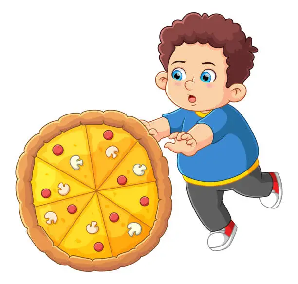 Vector illustration of A cute boy pushing a big pizza