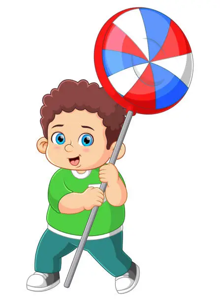 Vector illustration of A cute boy holding a big lollipop candy