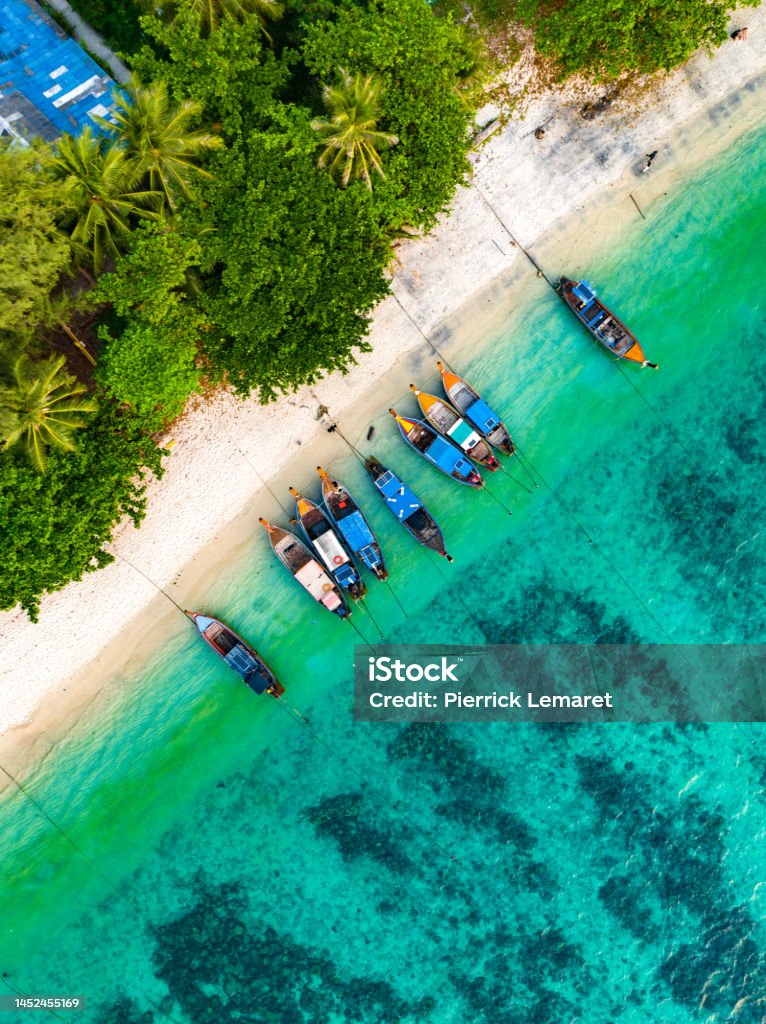 Aerial view of Sunset beach in koh Lipe, Thailand Sunset beach in koh Lipe, Thailand, south east asia Aerial View Stock Photo