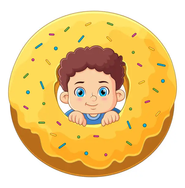 Vector illustration of A cute boy playing with a big yellow donut toy