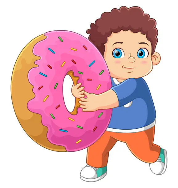 Vector illustration of A cute boy playing with a big pink donut toy