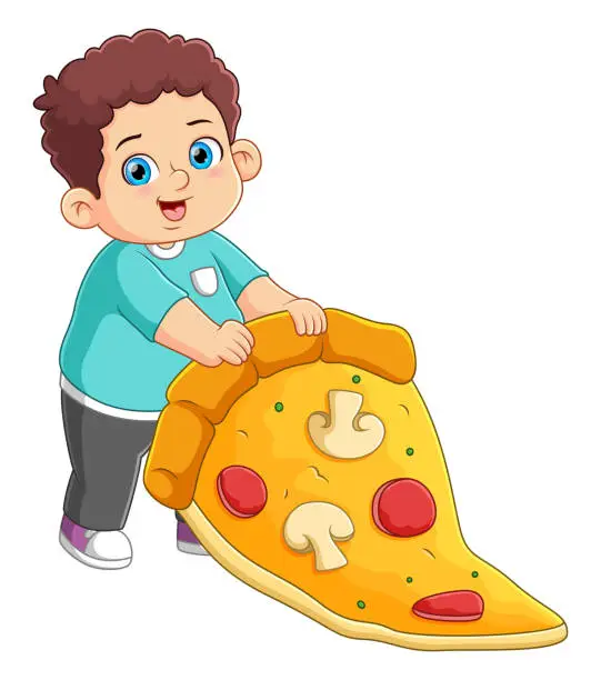 Vector illustration of A cute boy eating a big pizza slice