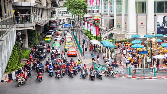Bangkok, Thailand – June 06, 2020: A high-angle shot of the heavy traffic on the street of Bangkok, Thailand.