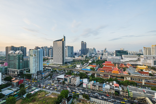 Bangkok City skyline view of New Phetchaburi Road, Rama IX intersection, Huay Kwang, Bangkapi business district cityscape at daytime, High angle view, Thailand