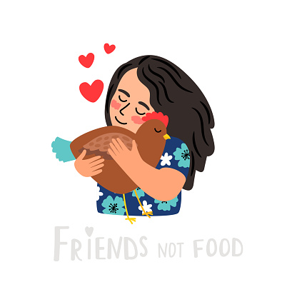 Go vegan. Vector illustration about friendship between people and animals. Little kind girl hugs the chicken. Nature respect concept and vegan lifestyle. Happy hen with little hearts illustration