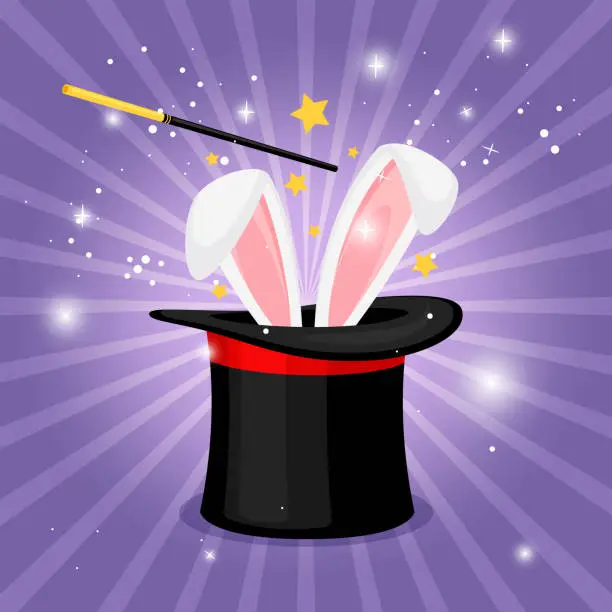 Vector illustration of Magic hats with bunny ears. Magician hat with rabbit. Circus show, abracadabra wand. Vector illustration about wizard conjure cylinder