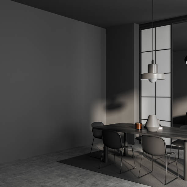 istock Grey meeting room interior with table and chairs on carpet. Mockup wall 1452462796