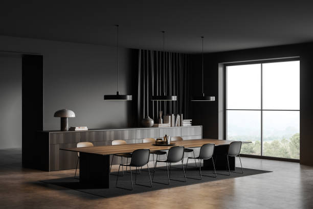 istock Grey business room interior with board and drawer near panoramic window 1452462831