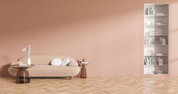 istock Front view on bright living room interior with pink wall 1452462854