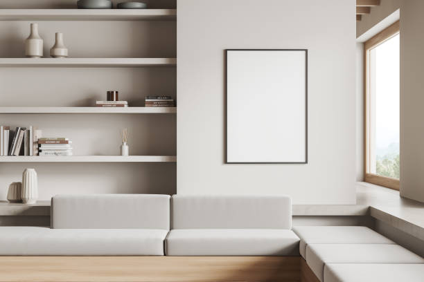 istock Cozy relaxing interior with couch and shelf with decor, window. Mockup frame 1452463070