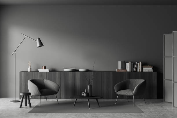 istock Grey relax interior with seats and drawer with decoration. Mockup empty wall 1452463720
