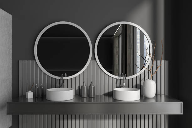 istock Grey bathroom interior with washbasin and window, accessories 1452463728