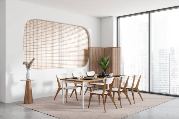 istock Stylish eating room interior with table and seats, panoramic window. Empty wall 1452463758