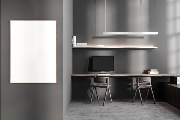 istock Grey business interior with pc computer and shelf with books. Mockup frame 1452463839