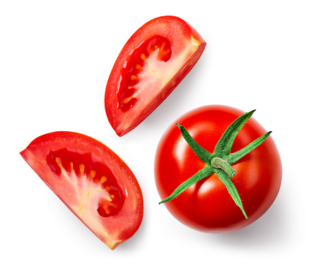 Tomato slice isolated. Tomato whole and slices top view on white background. Set of tomatoes with clipping path.