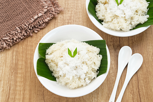 Ketan Kelapa Parut, Indonesian traditional snack, made from steamed glutinous rice and served with grated coconut