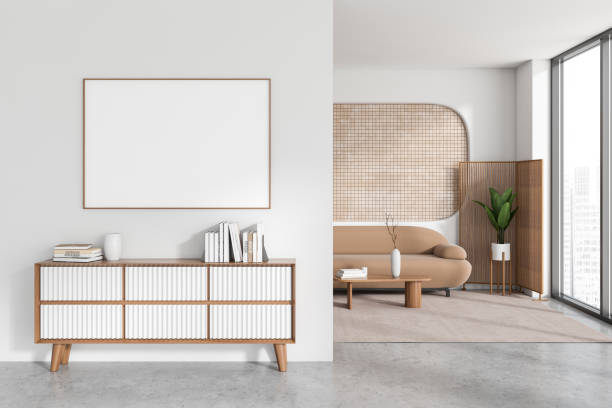istock Front view on bright living room interior with white poster 1452464072