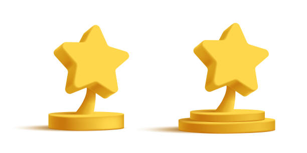istock Star-shaped award, golden statuette on podium with empty place for nomination and winner name 1452464100