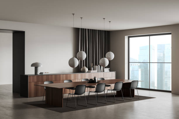 istock Stylish conference room interior with board and drawer near panoramic window 1452464217