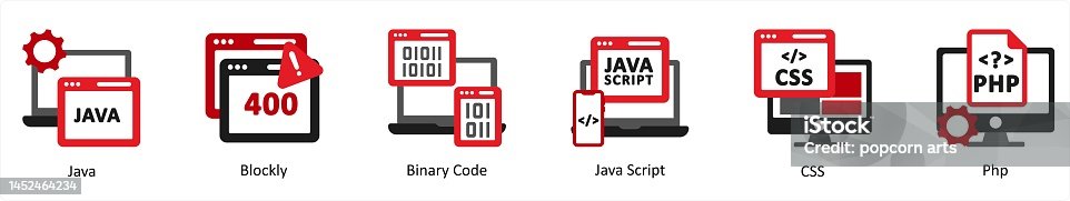 istock Six Technology Red and Black icons as java, blockly, binary code 1452464234