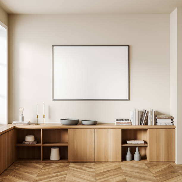 istock Light exhibition room interior with drawer and stylish decoration, mockup frame 1452464369